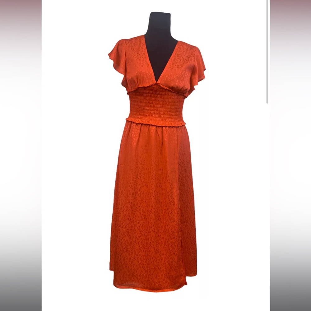 Leith Red Midi Dress w Floral Print, V-Neck, Ruffle Sleeves and Slit in Front